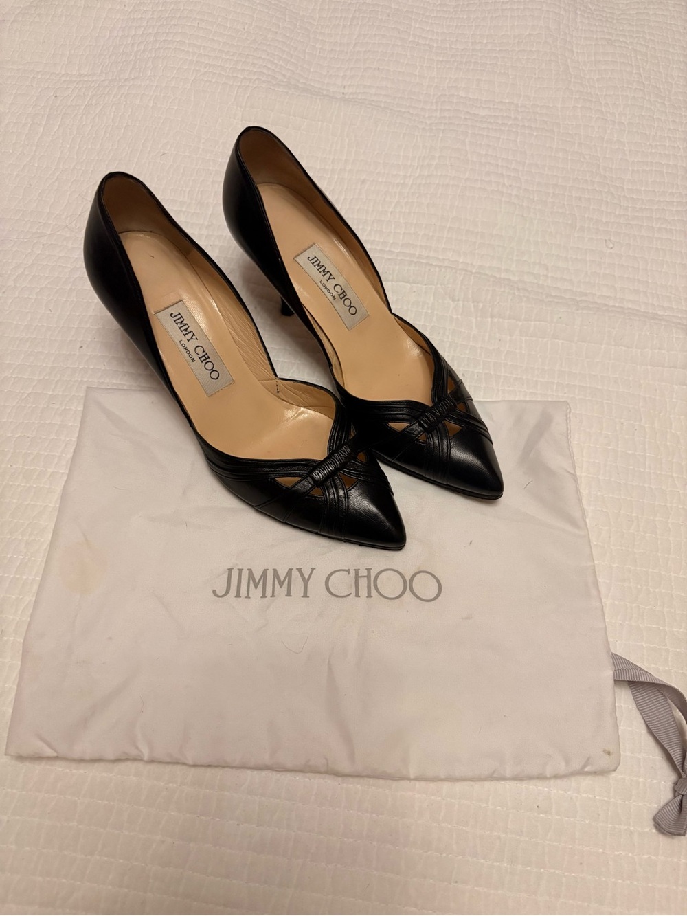 Jimmy Choo Black Leather Pointed Toe Pumps with Cutout Detail